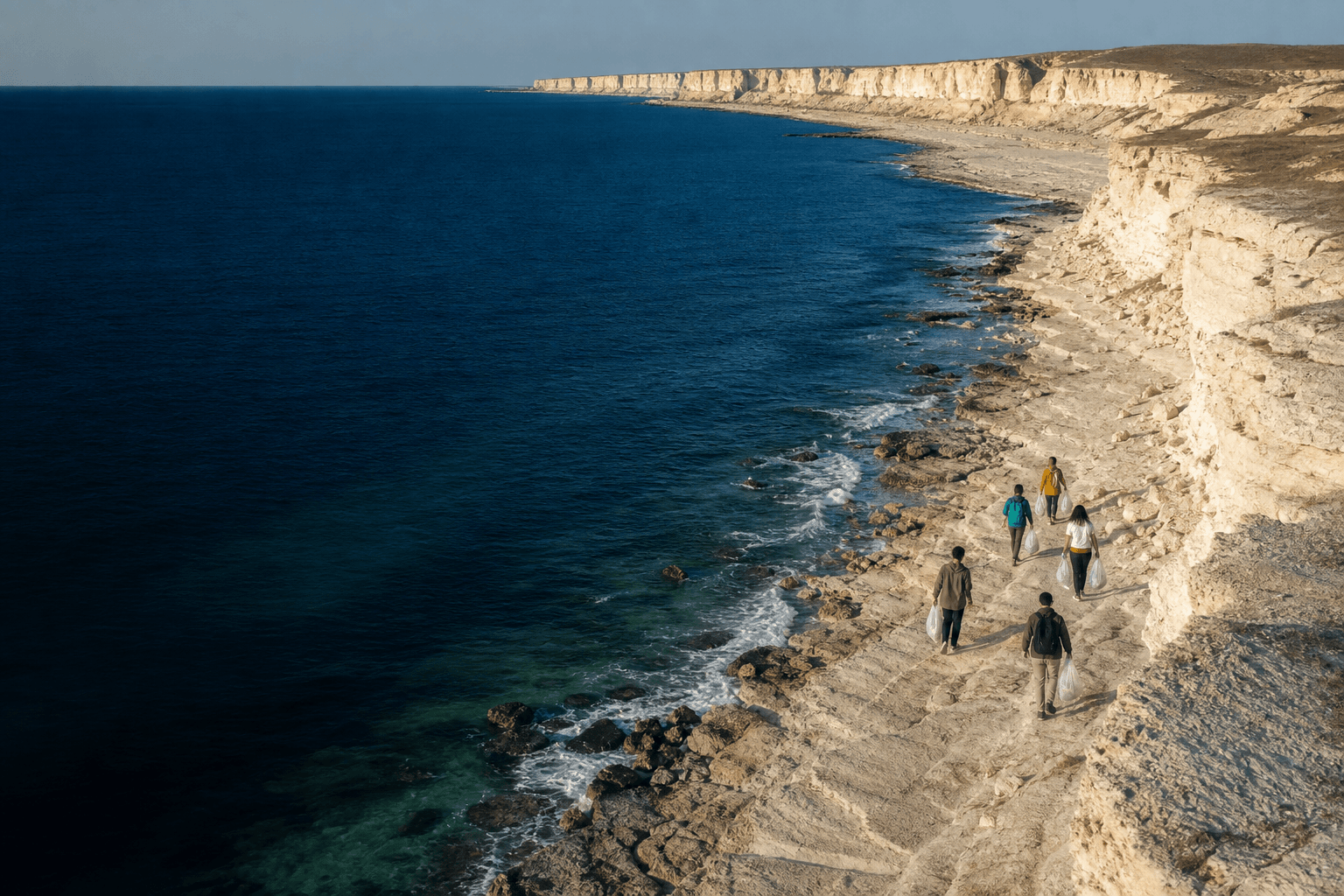 Caspian coastline and environmental volunteers near Aktau
